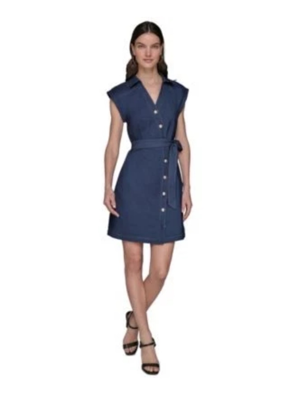 Karl Lagerfeld Navy Sleeveless Button-Front Belted Mini Dress